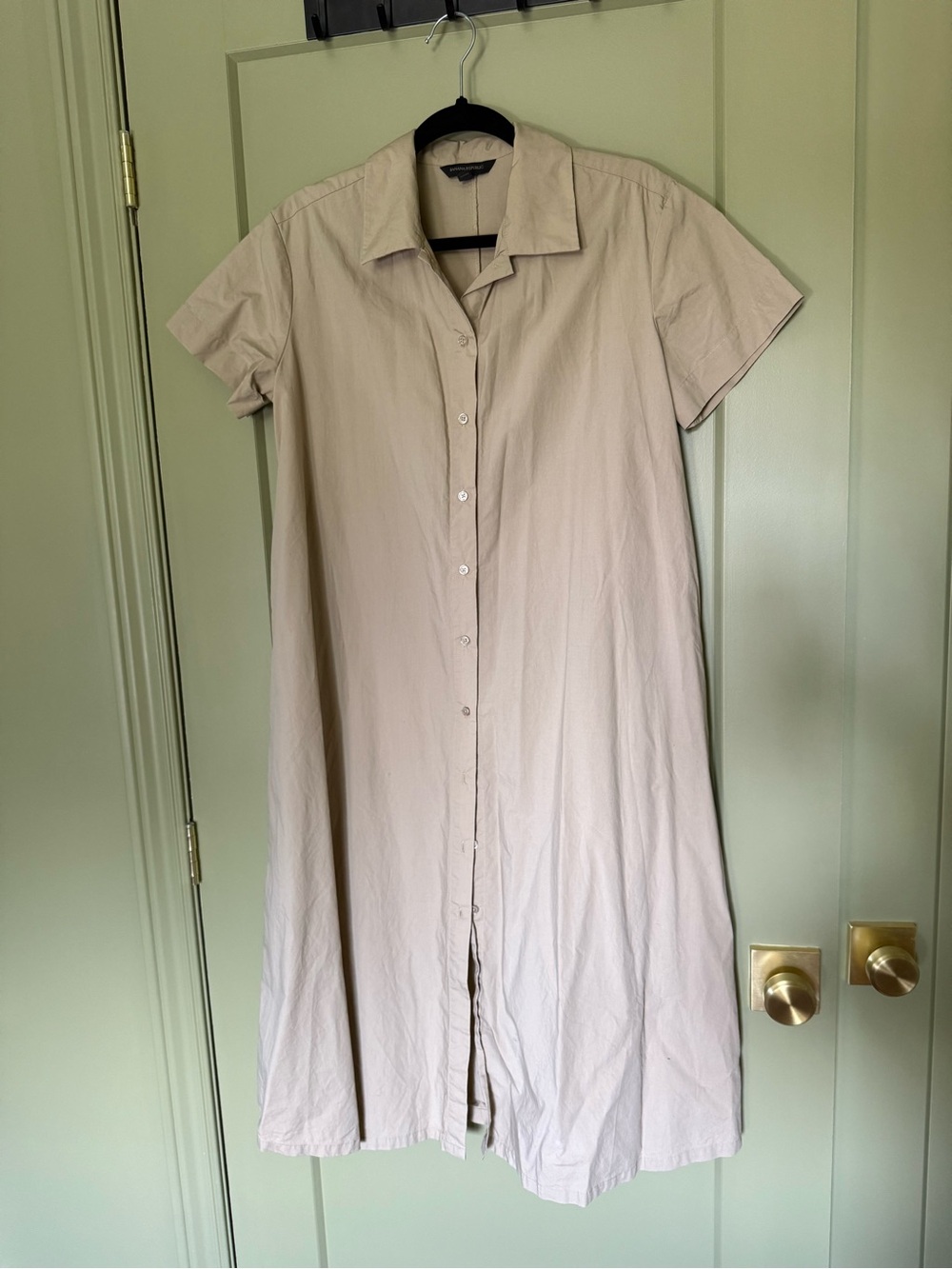 Button-Front Short Sleeve Long Shirt Dress in Light Beige